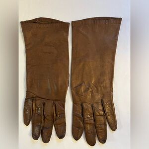Vintage chocolate brown leather silk lined 11” long ladies Gloves size 6 1/2